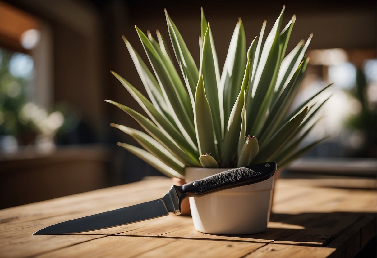 A yucca plant sits on a table with multiple stems. A sharp knife and gardening gloves are nearby, ready for dividing