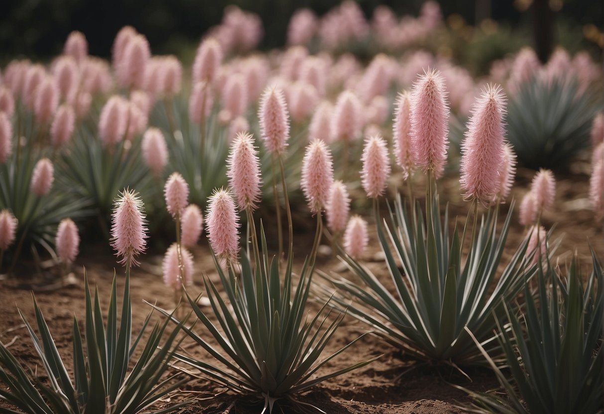 Pink yucca plants being divided in a step-by-step process, with clear instructions and close-up shots of the plant's roots and stems