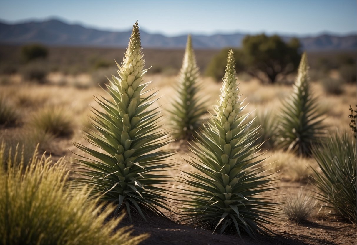 Yucca plants overtake a pasture, their tall, spiky leaves dominating the landscape. Surrounding grasses struggle to compete with the invasive species
