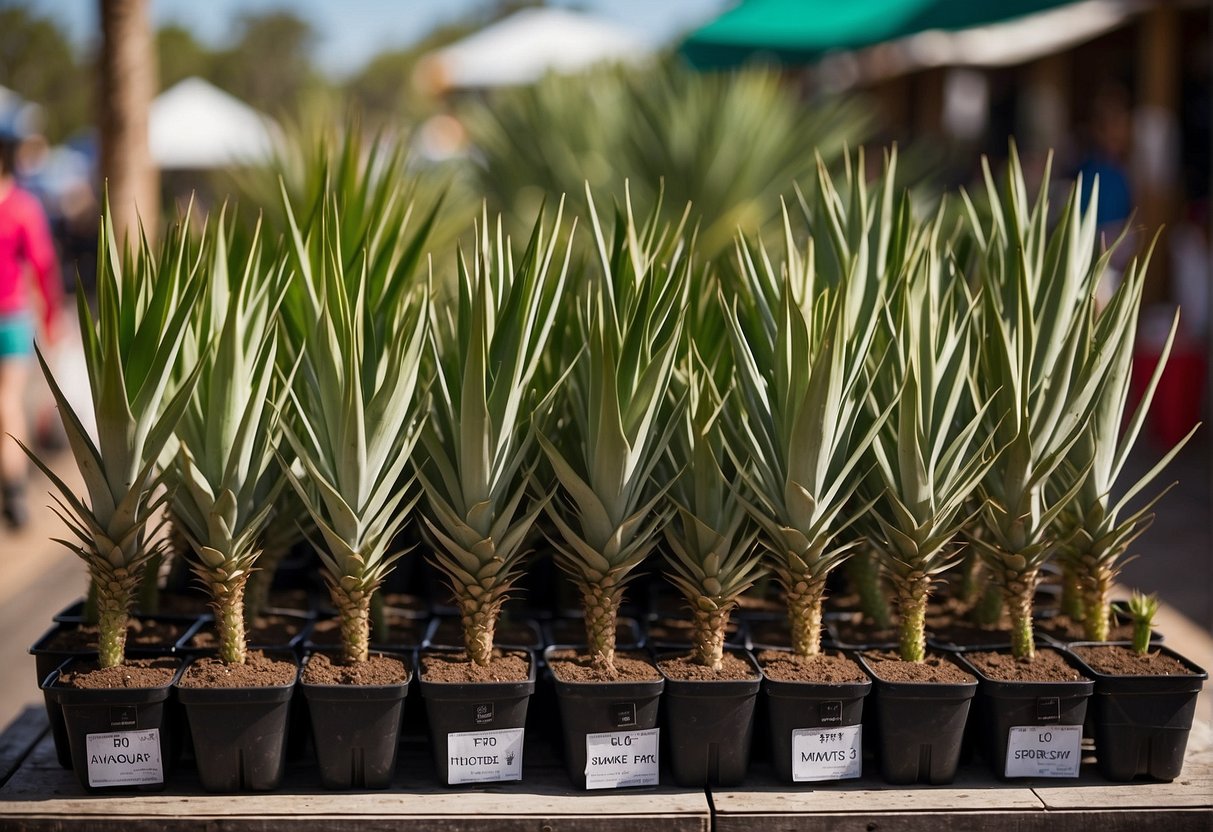 A market stall displays yucca plants in SW FL, with vibrant green leaves and tall, sturdy stems. The plants are arranged neatly in rows, with price tags attached