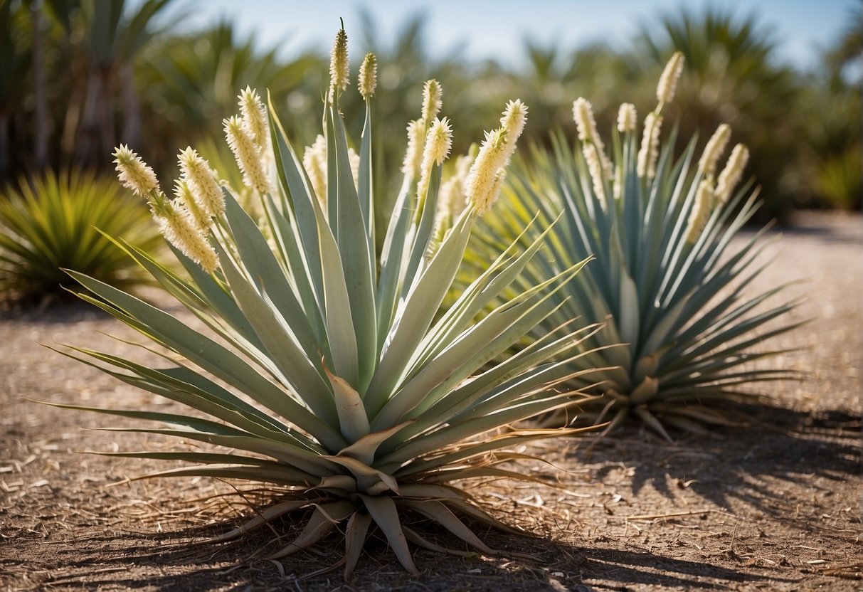 A variety of yucca plants grow in a sunny Southwest Florida landscape, with different sizes, shapes, and colors. Nurseries and garden centers offer these plants for sale to local residents