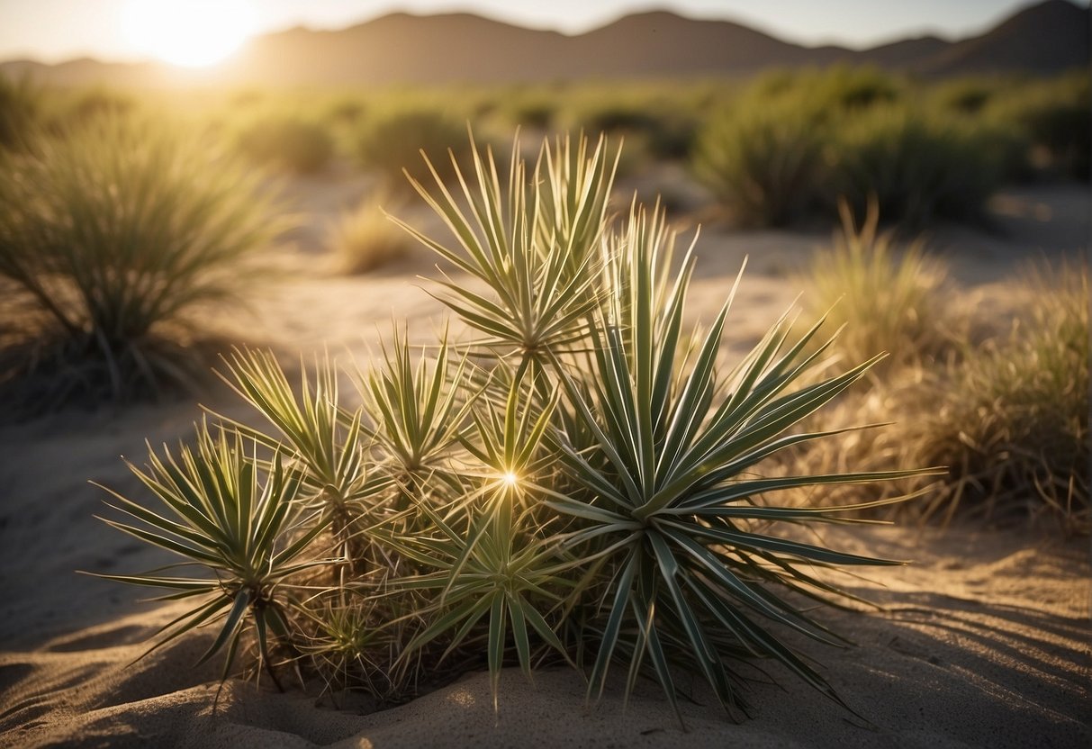 Bright sunlight shines on a sandy landscape dotted with yucca plants. The vibrant green leaves and tall, spiky stems create a striking contrast against the arid surroundings