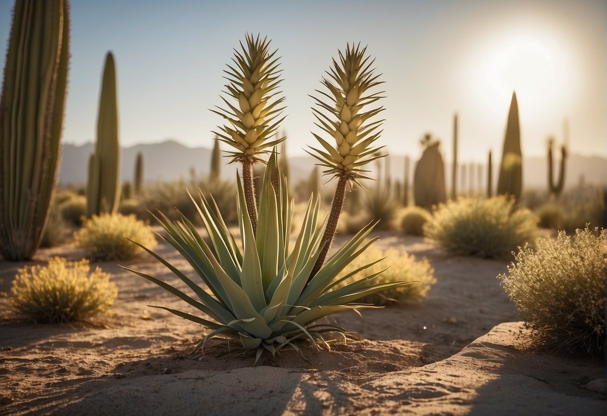 Yucca plants stand tall among gravestones, their long, sword-like leaves reaching towards the sky. The sun casts a warm glow on the arid landscape, where these hardy plants thrive among the solemn surroundings of the cemetery