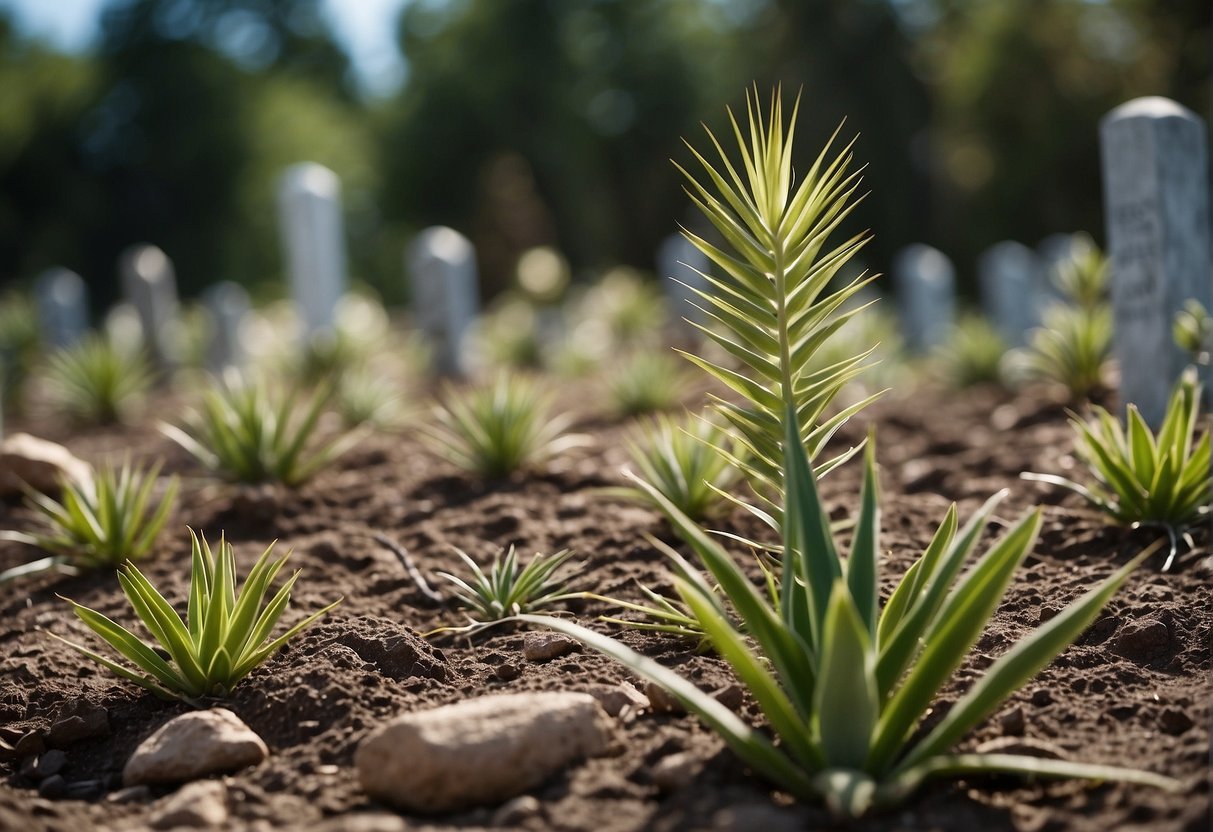 Yucca plants thrive in cemetery soil due to minimal disturbance and nutrient-rich environment. They provide a natural and peaceful backdrop for the resting place of the deceased