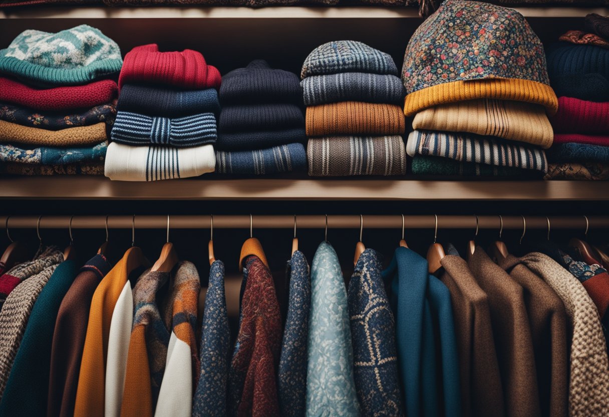 A rack of colorful, mismatched clothing items arranged haphazardly. A vintage hat sits atop a pile of scarves, while a bold print jacket catches the eye