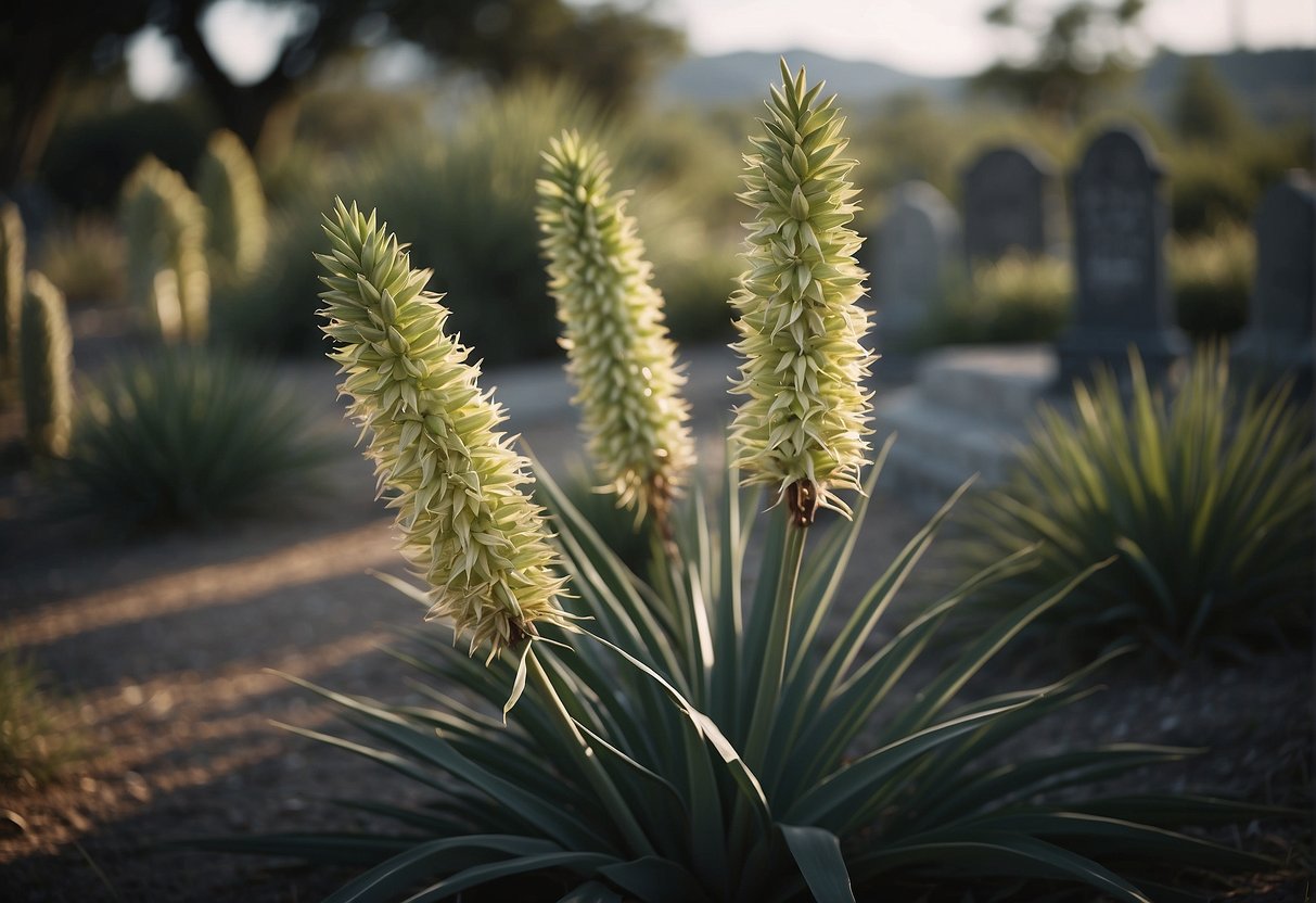 Yucca plants dot a serene cemetery, their long, slender leaves swaying gently in the breeze, adding a touch of natural beauty to the somber surroundings