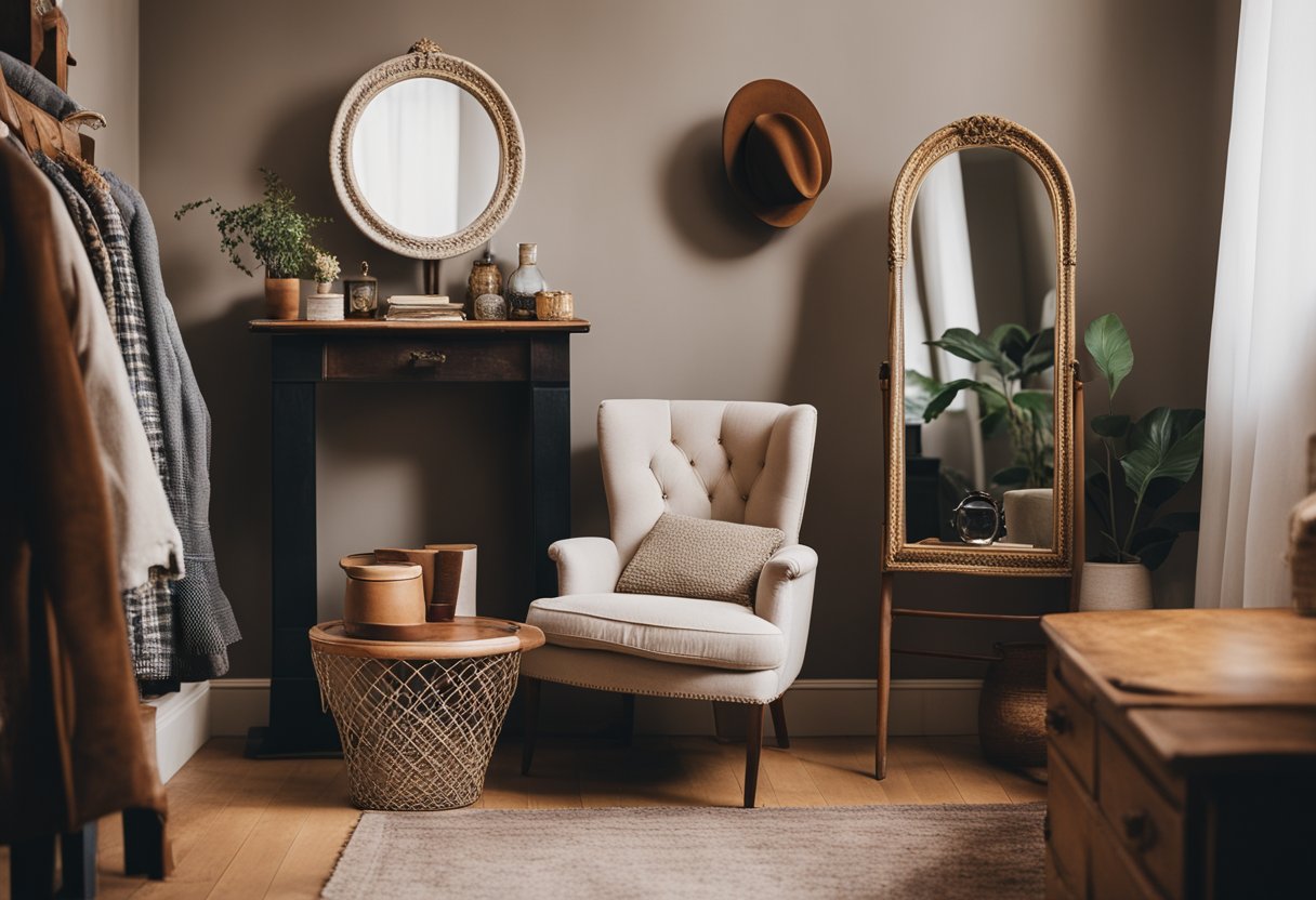A cozy corner with a vintage armchair, a rack of eclectic clothing, and a mirror reflecting a mix of thrifted treasures