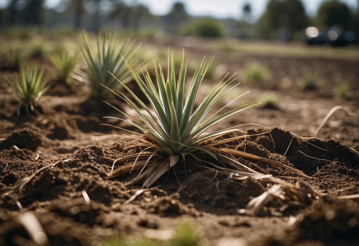Yucca plants being cut and dug out from the ground, with the roots and stems being separated and disposed of in a waste bin