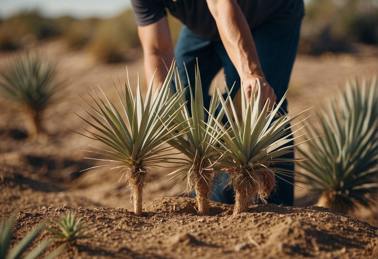 A person digs up a yucca plant and carries it away for disposal