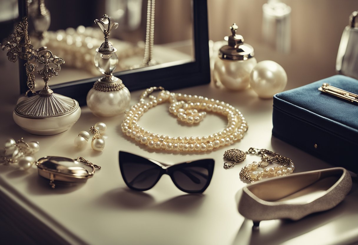A vintage vanity table with a collection of elegant thrift store finds: a pearl necklace, a velvet clutch, and a pair of classic pumps