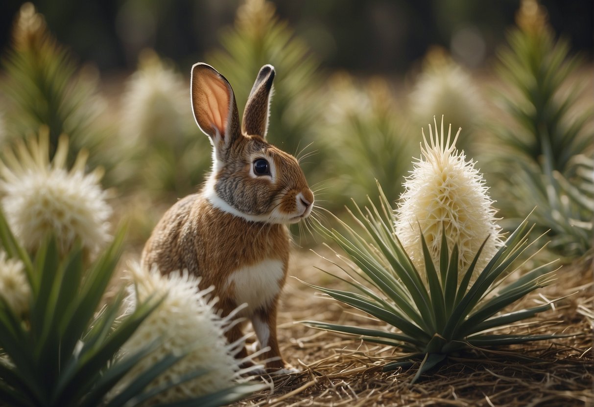 A rabbit nibbles on a yucca plant, while a deer grazes nearby