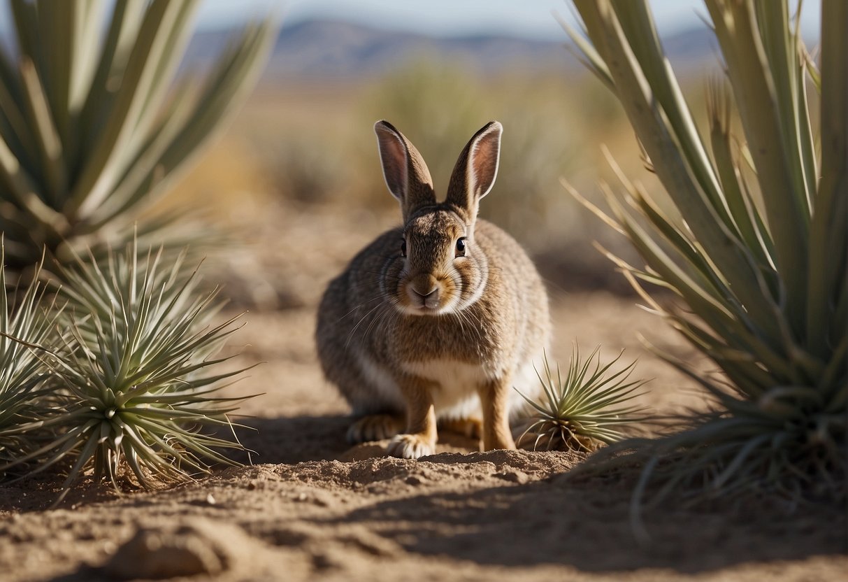 A hungry jackrabbit nibbles on a yucca plant's tender leaves, while a desert woodrat chews on its roots