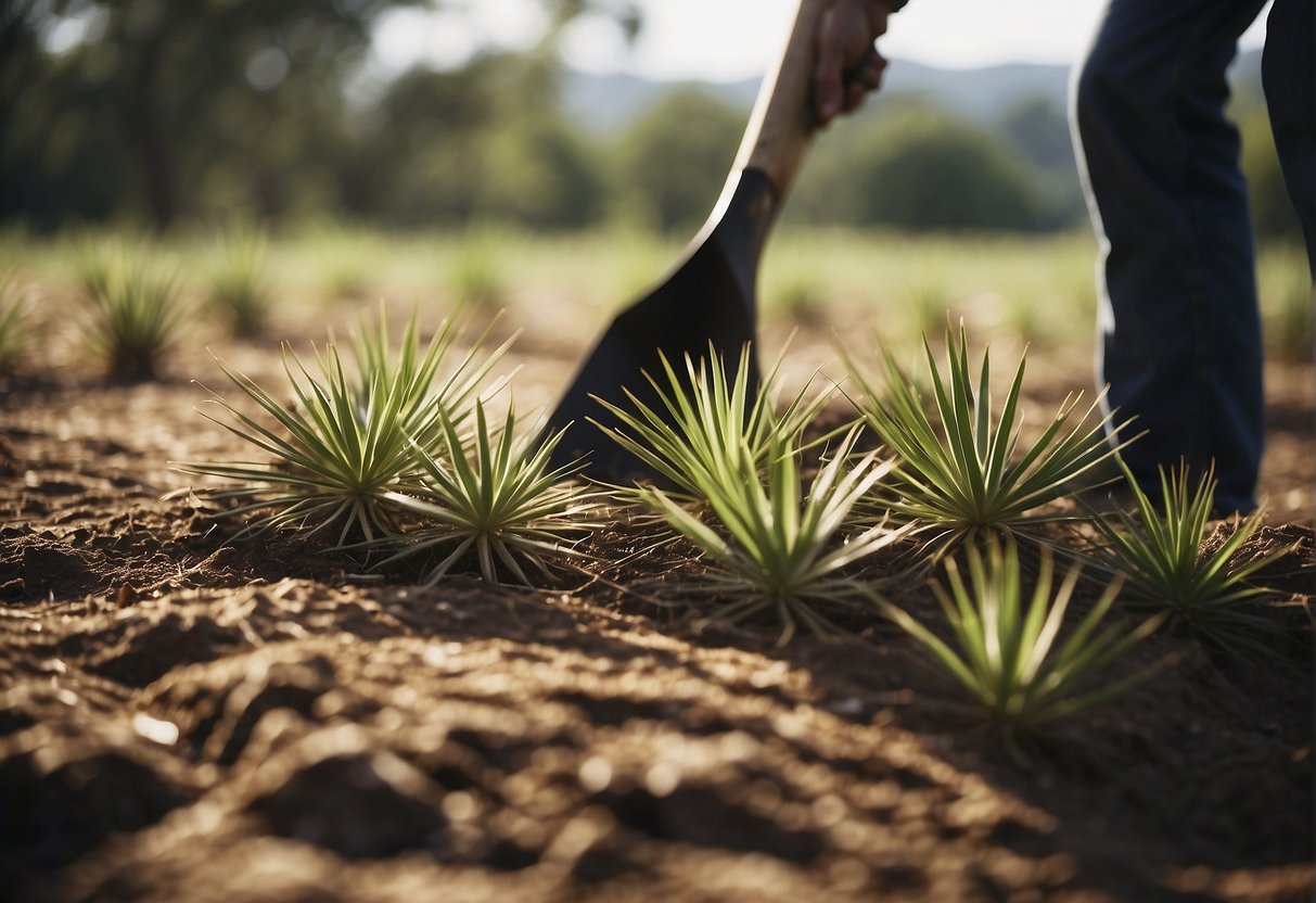 A person pulls out yucca plants from the ground with a shovel