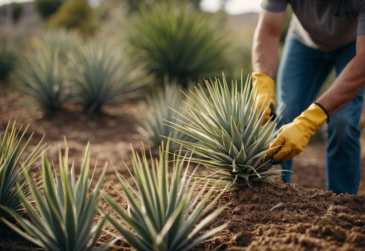 Yucca plants being cut and removed from the ground with gardening tools