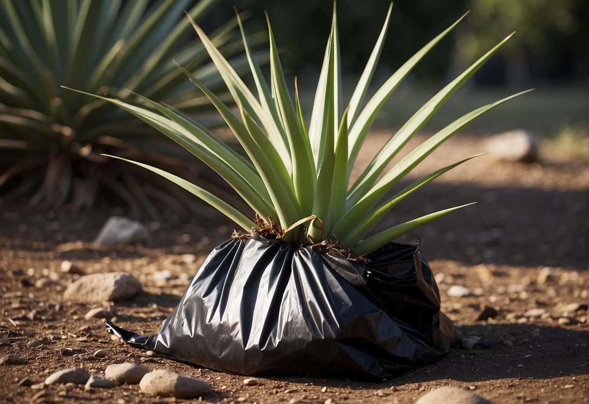 A yucca plant being uprooted and disposed of in a trash bag