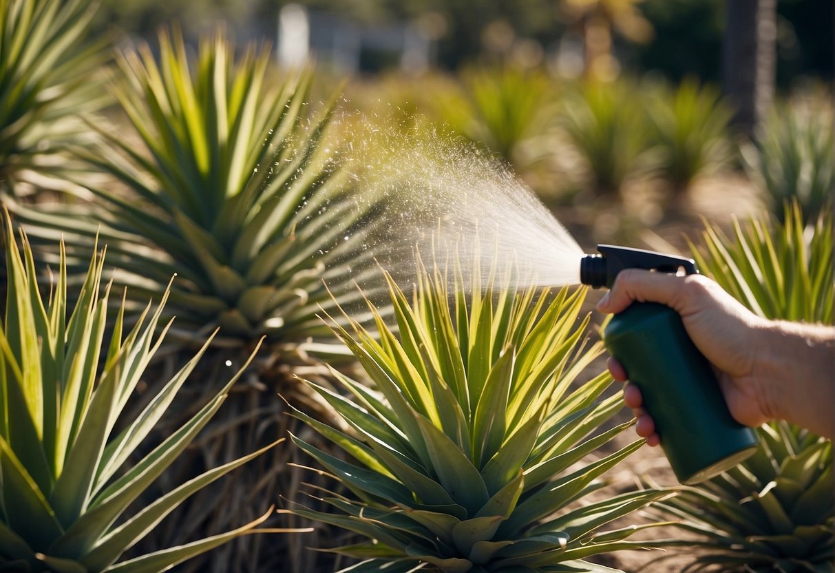 Spraying herbicide on yucca plants in a garden