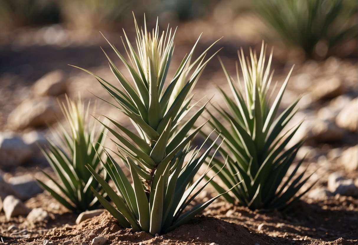 Yucca plants withering in a garden, surrounded by wilted leaves and dry soil