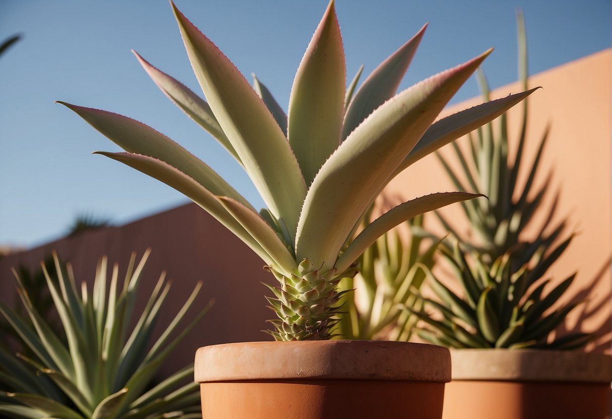 A vibrant pink yucca plant stands tall in a terracotta pot, surrounded by other succulents. The sun casts a warm glow, highlighting the plant's unique coloration