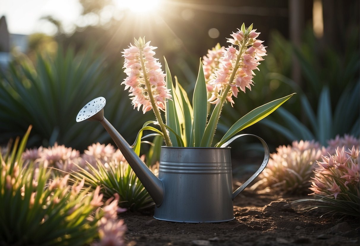 Sunlight filters through the garden, illuminating the pink yucca plants. A watering can sits nearby, ready to nourish the vibrant foliage