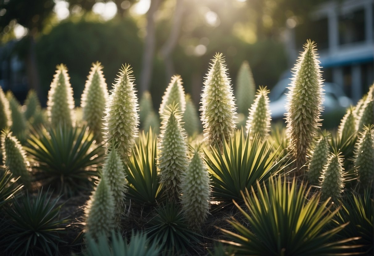 Overgrown yucca plants fill a garden, crowding out other plants