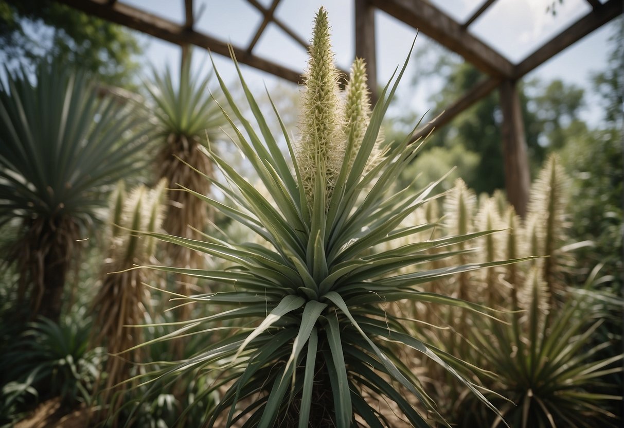 Overgrown yucca plants tower above a neglected garden, their long, spiky leaves reaching out in all directions. The surrounding area is overgrown and untamed, with the yucca plants dominating the scene