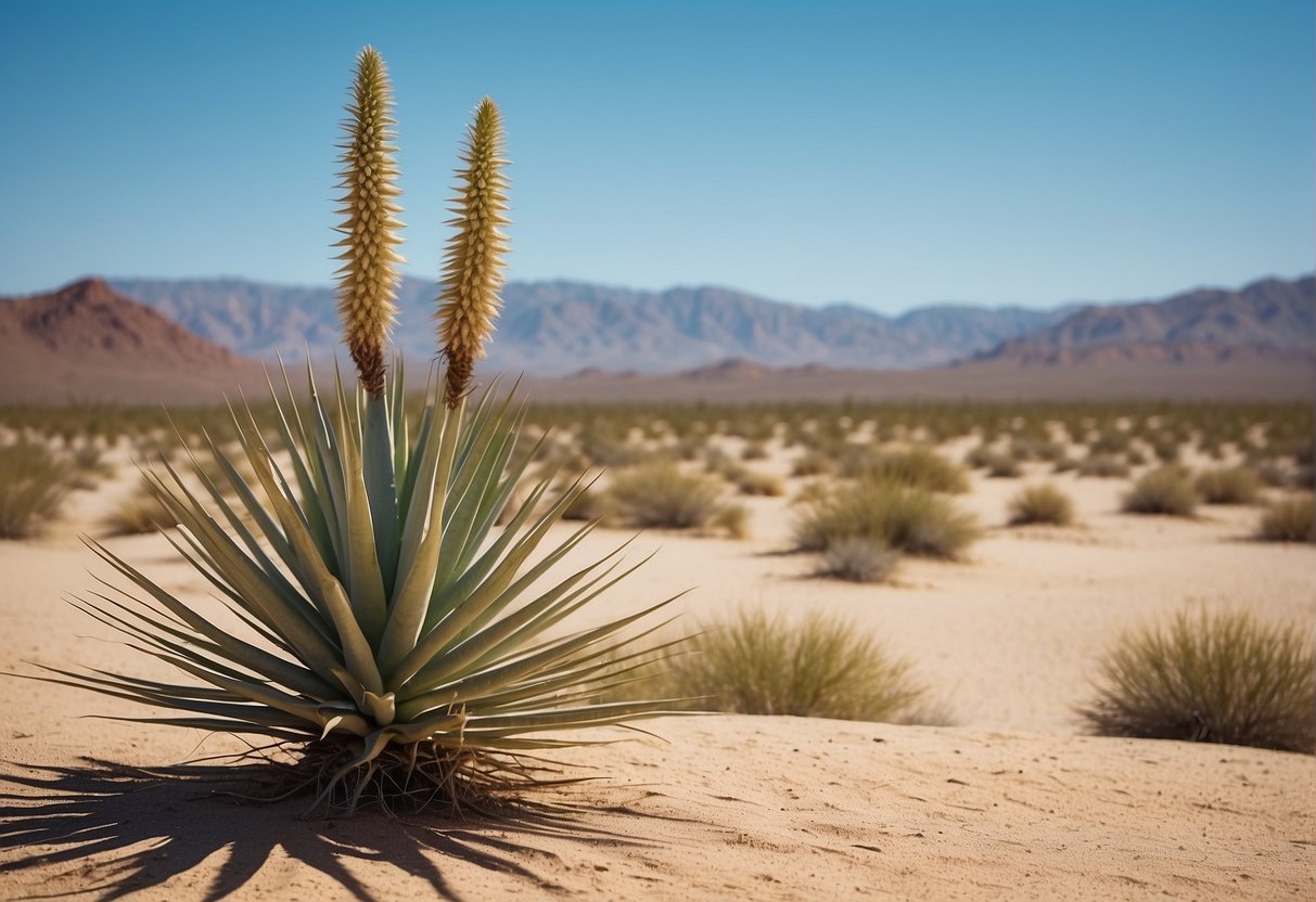 A desert landscape with a yucca plant standing tall against a backdrop of arid, sandy terrain and a clear blue sky