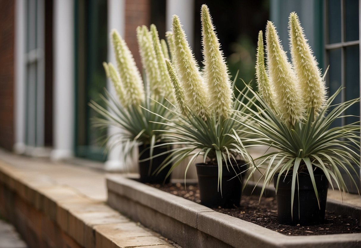 Three yucca soapweed plants surround a fountain in a small window front garden