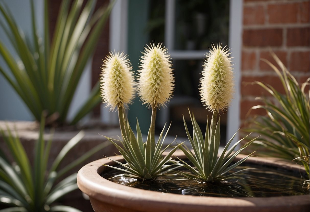 Three yucca soapweed plants arranged around a small fountain in a window front garden