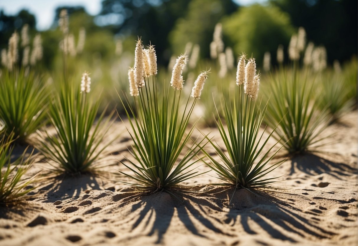 A sunny garden with a sandy soil bed, featuring a cluster of Yucca Rostrata plants with long, narrow leaves reaching towards the sky