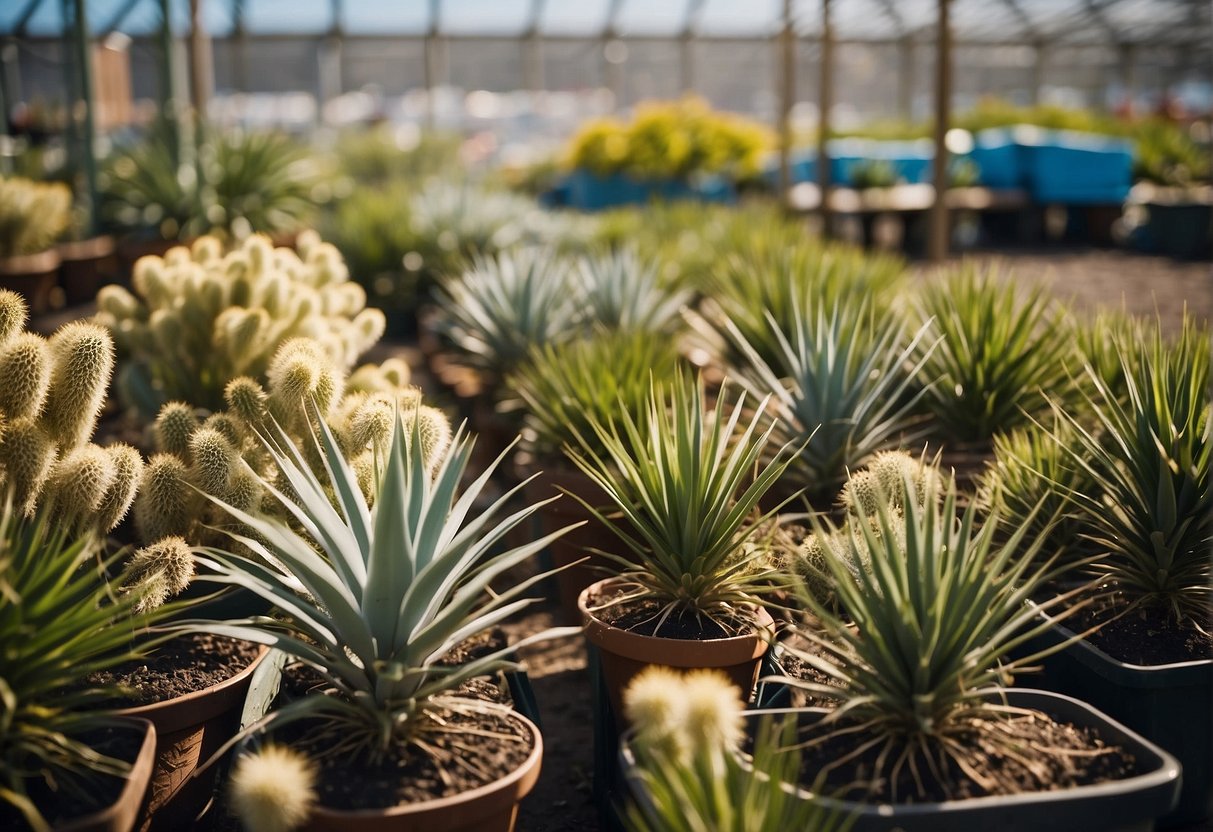 A sunny garden center with rows of yucca rostrata plants in South Jersey. Blue skies and greenery surround the display