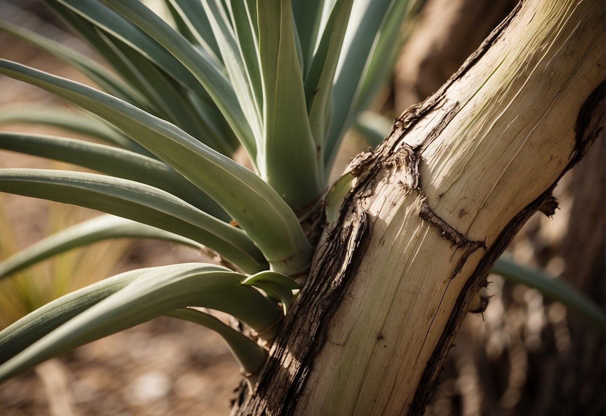 A yucca plant's trunk softens due to overwatering or root rot. Illustrate a drooping, wilted yucca with a mushy, discolored trunk