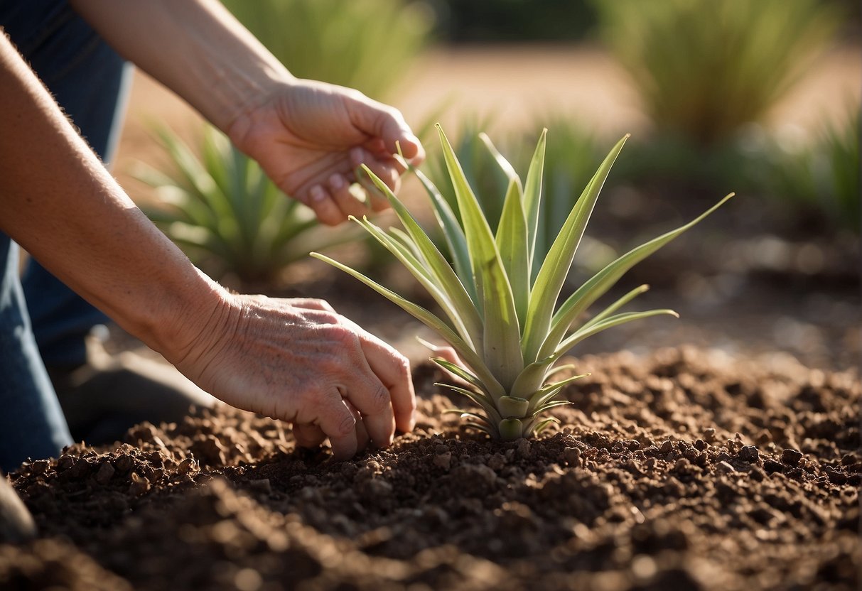 A pair of hands holding a small Texas red yucca plant, gently placing it into the soil. A watering can nearby, with sunlight streaming down onto the garden bed