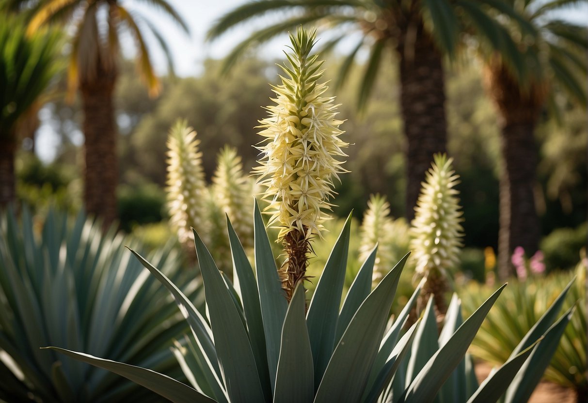 Several yucca cane plants towering over a garden, reaching heights of 6-10 feet with long, sword-shaped leaves