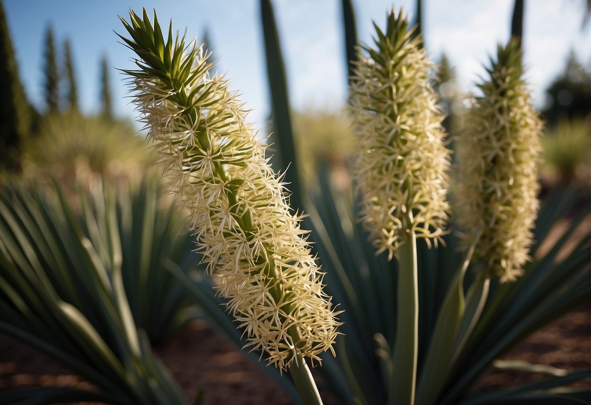 A tall yucca cane plant reaching towards the sky, with long, slender leaves cascading down in a graceful, arching pattern