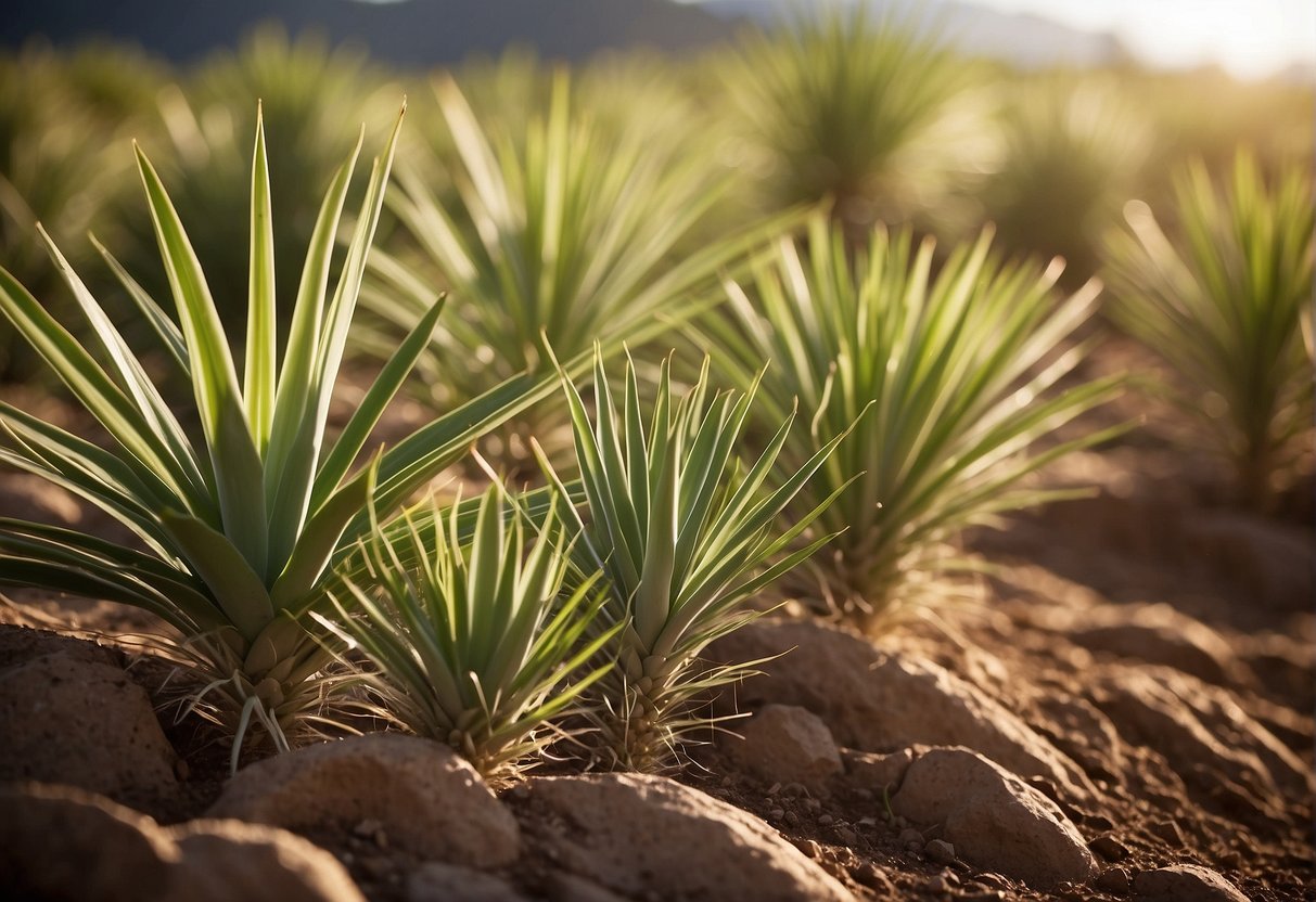 Yucca plants bask in the sun, nestled in well-drained soil. They are watered sparingly, with occasional feeding, and pruned for healthy growth