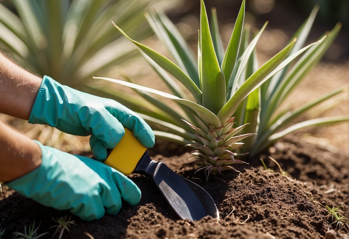 A pair of gardening gloves holds a small shovel while carefully tending to a healthy yucca plant in a sunny outdoor setting