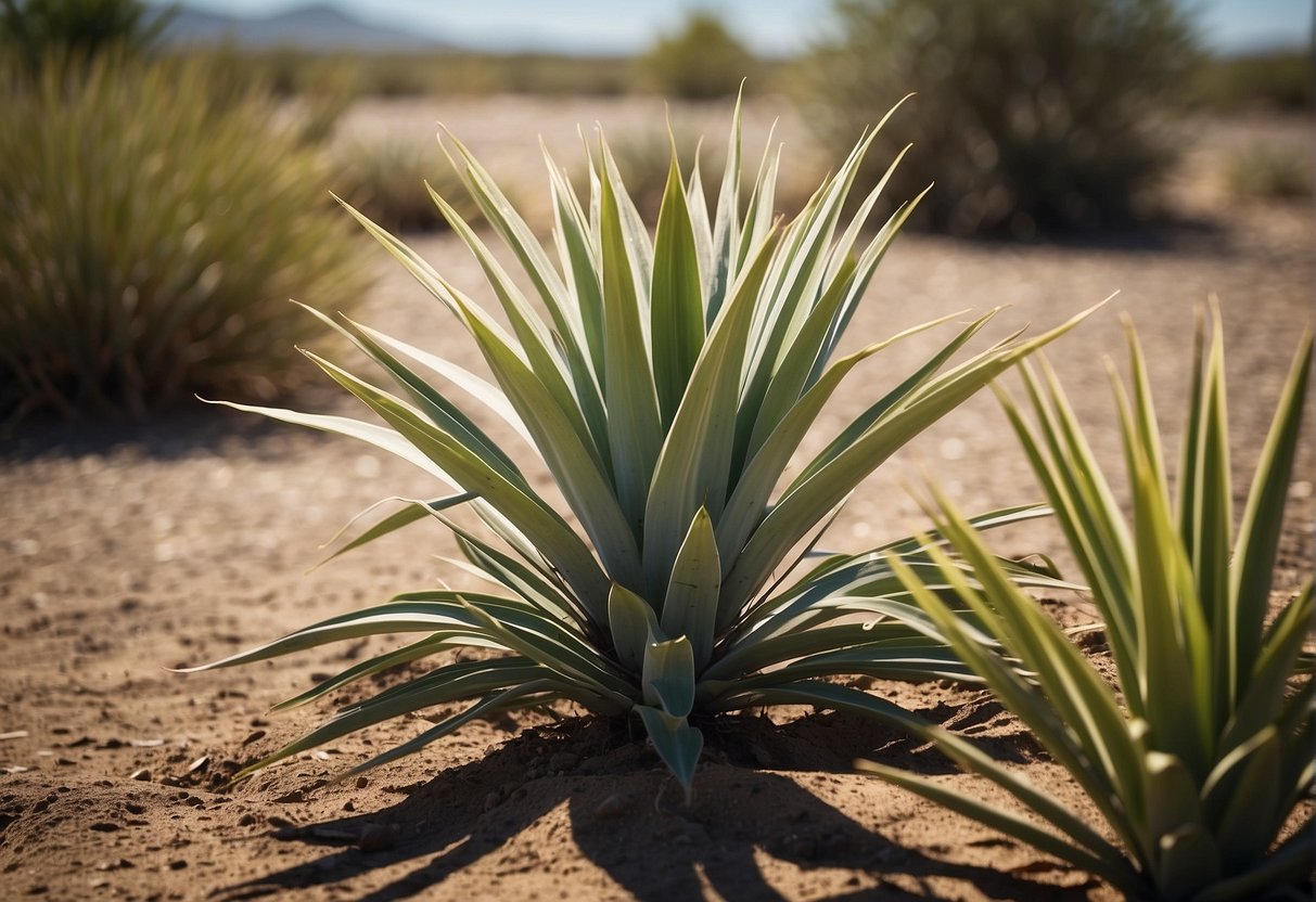 A yucca plant stands tall in a sunny outdoor setting, surrounded by well-drained soil and receiving occasional watering