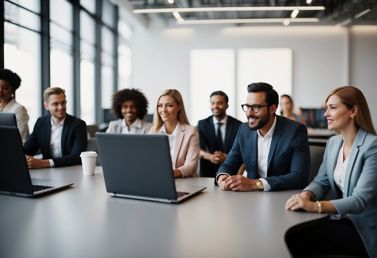 A modern recruitment scene with a laptop, job postings, and a diverse group of candidates waiting for interviews