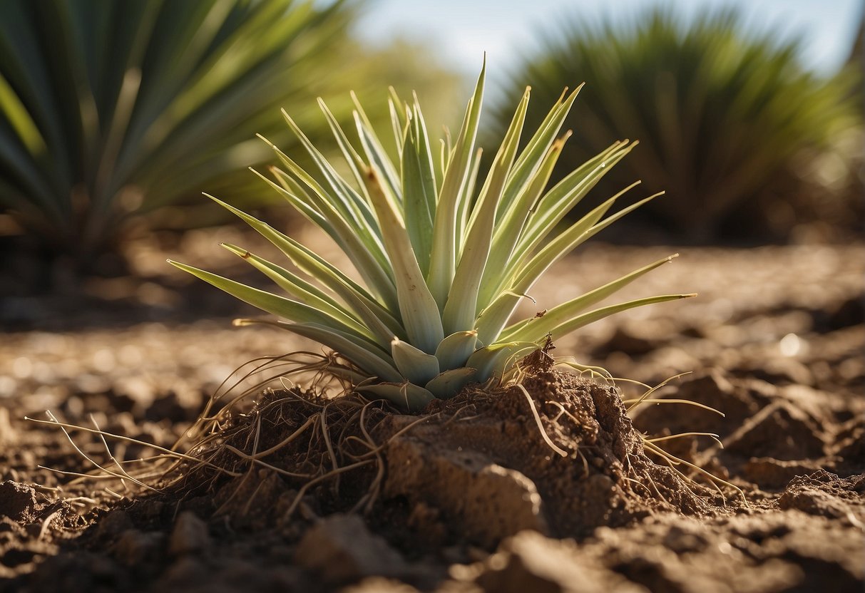 A yucca plant is being carefully uprooted from the soil, its roots exposed and ready for transplanting. The sun is shining, casting a warm glow on the surrounding garden