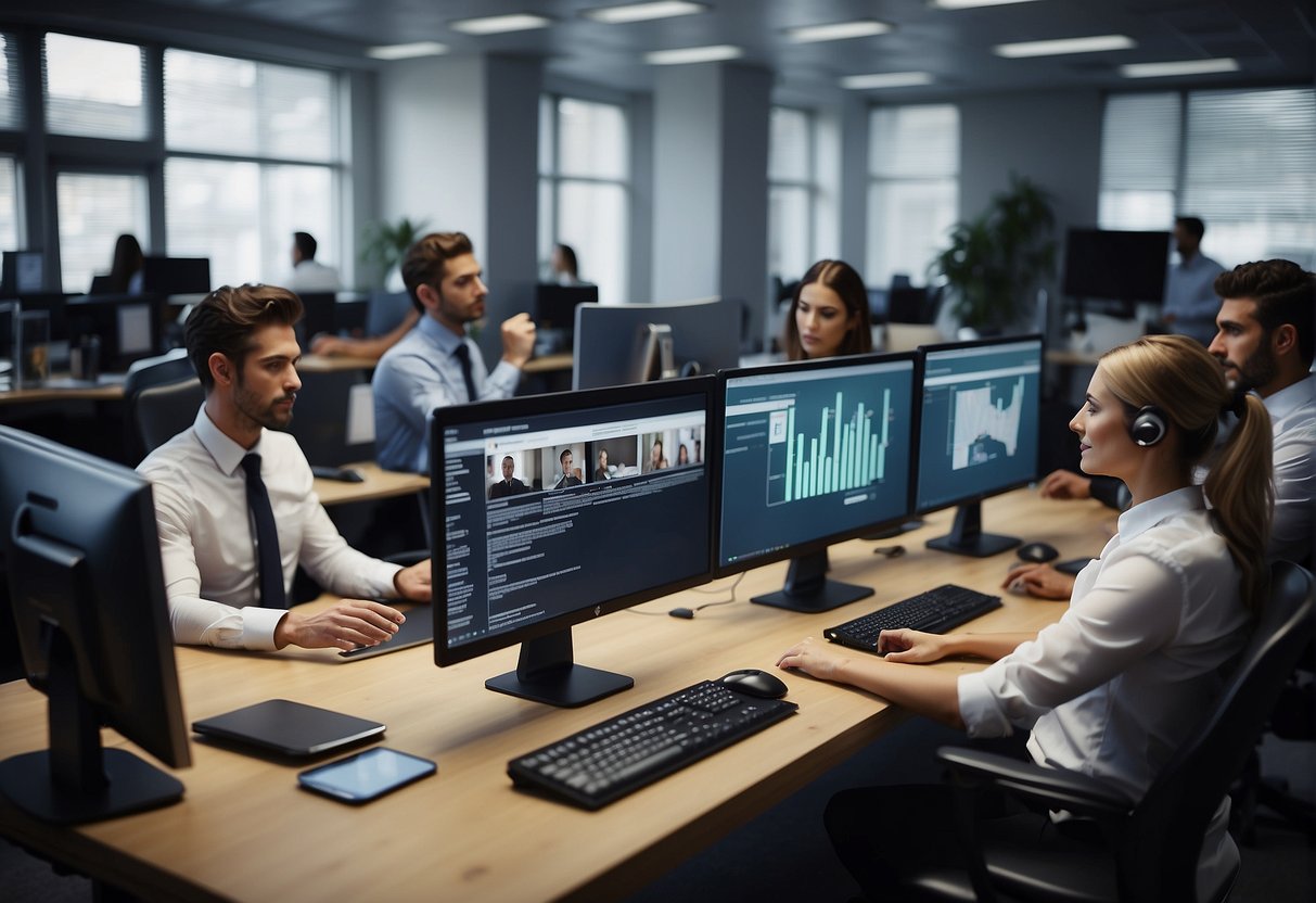 A modern recruitment process: A busy office with computer screens, resumes, and interview rooms. Busy recruiters discussing candidates