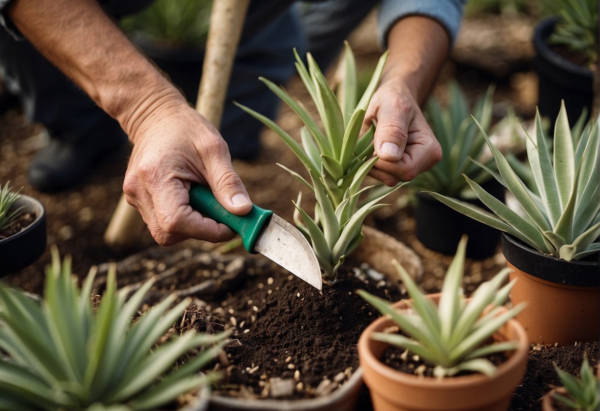 A person transplanting yucca plants, shovel in hand, surrounded by potted yuccas and gardening tools