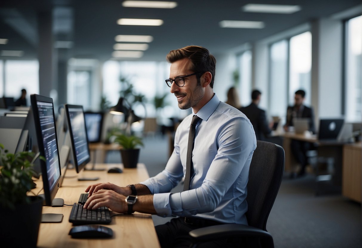 A modern office setting with digital devices and technology. A recruiter using a computer to navigate through a digital landscape of recruitment platforms and tools
