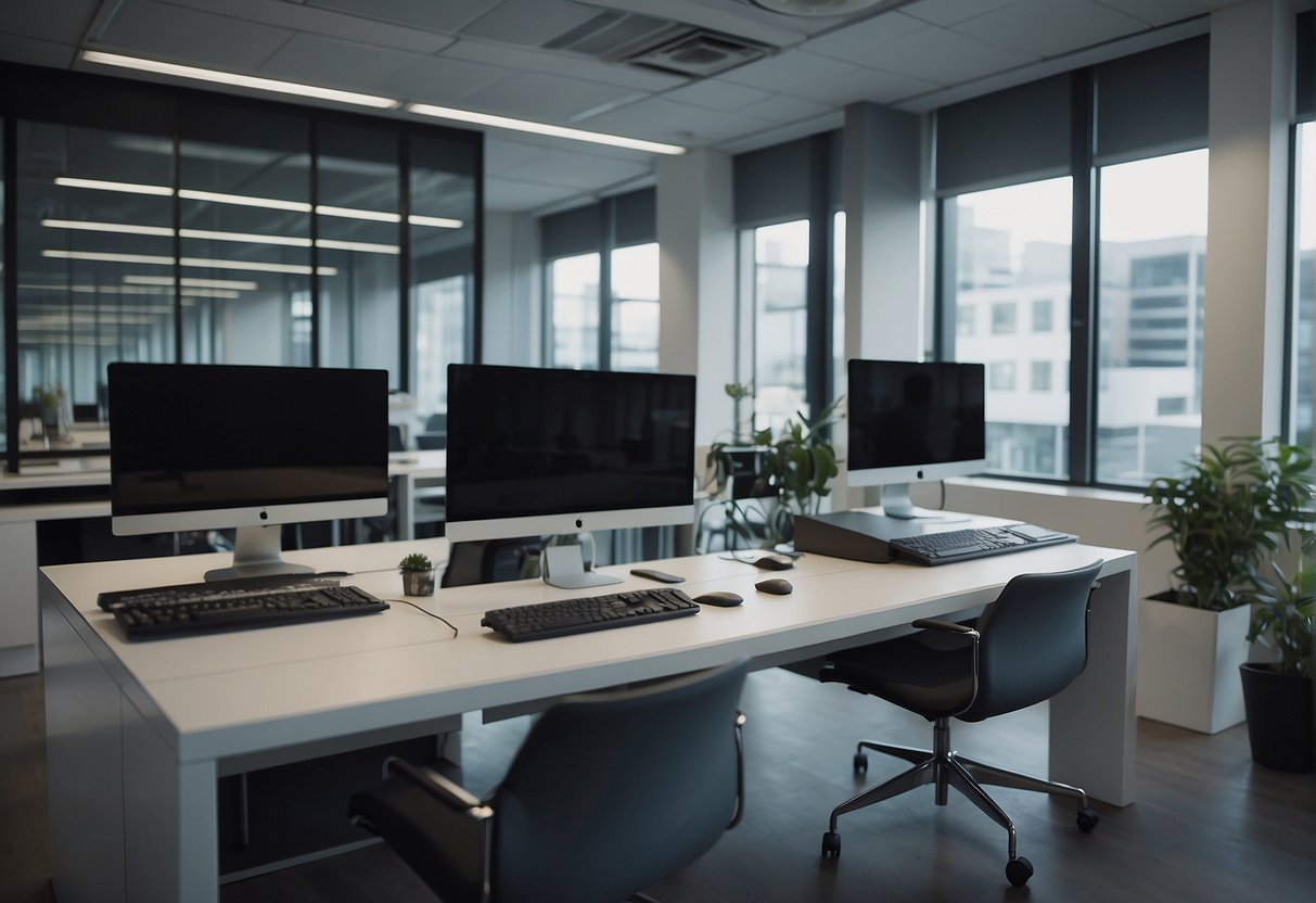 A modern recruitment office with legal and ethical guidelines displayed. Technology and diversity evident in the workspace