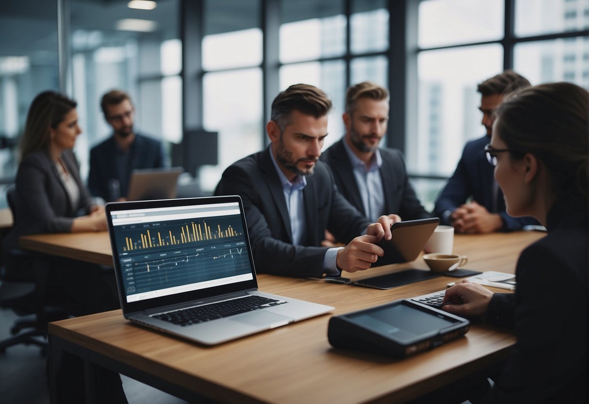 A modern recruitment scene with tools and technology, showcasing the process of measuring and evaluating candidates