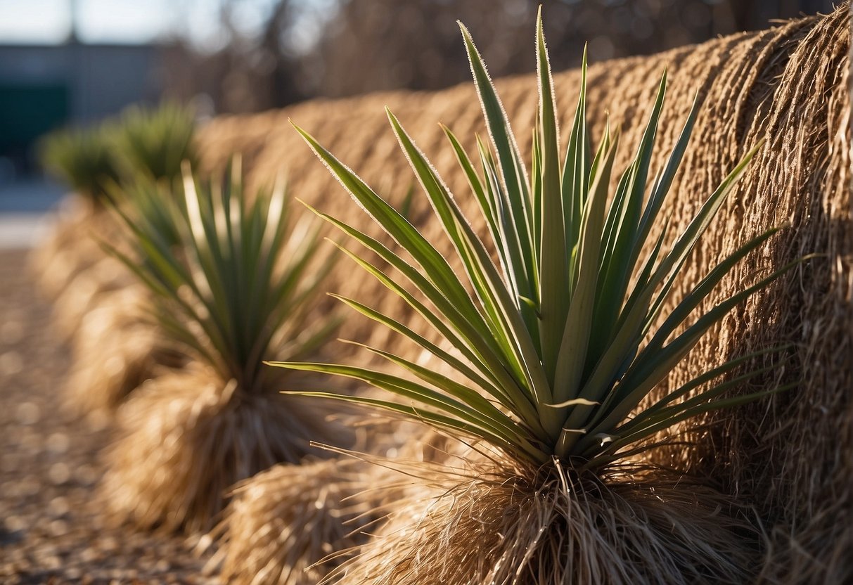 Yucca plants covered with burlap, surrounded by a layer of mulch, and placed near a south-facing wall for protection from winter weather