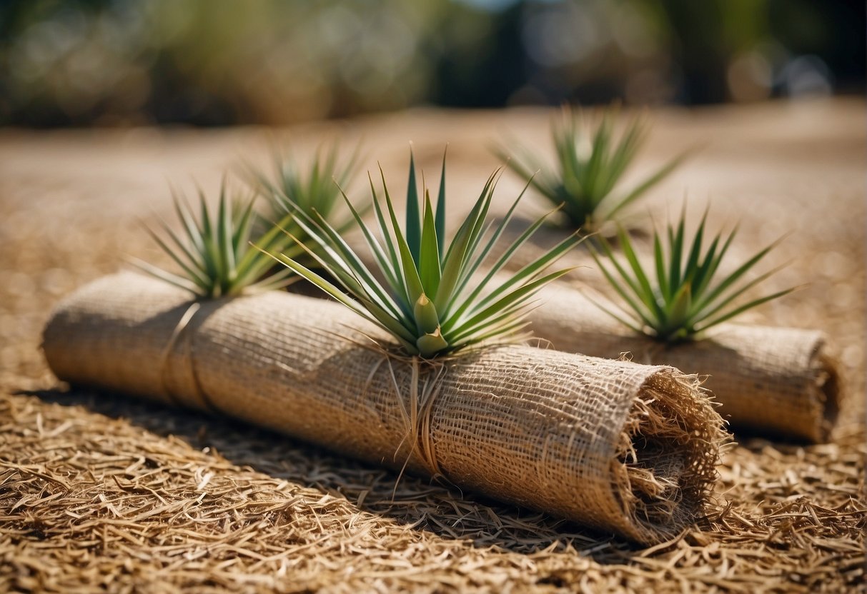 Yucca plants wrapped in burlap, mulch piled around base, and stakes supporting protective cover