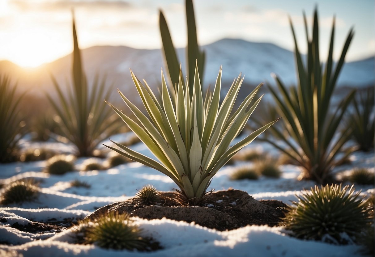 A yucca plant surrounded by protective coverings, such as burlap or mulch, against a snowy winter backdrop