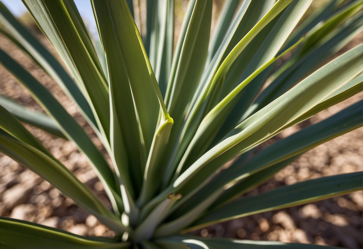 A yucca plant's adaptation includes long, narrow leaves and a thick, waxy coating to reduce water loss in hot, dry climates