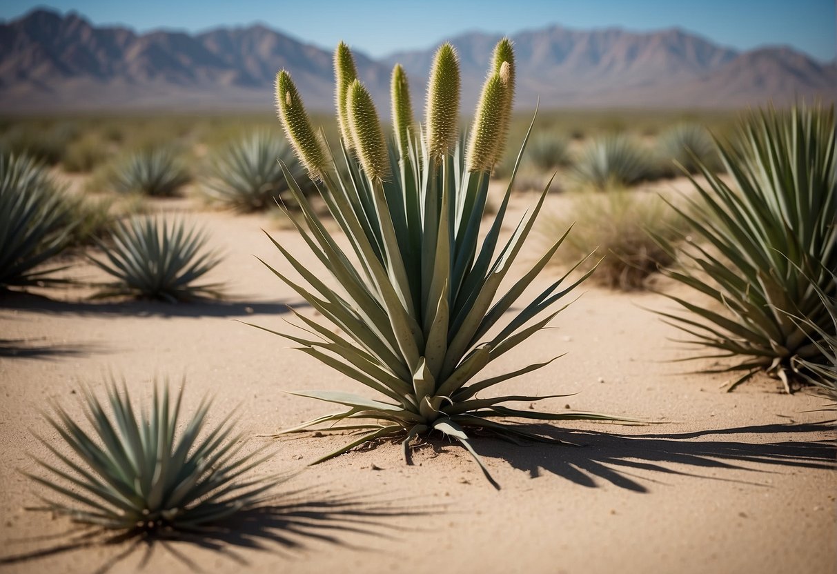 A yucca plant thrives in the desert, with its long, sword-shaped leaves and tall, flowering stalks. Its adaptation includes thick, waxy skin to retain water and deep roots to access underground moisture