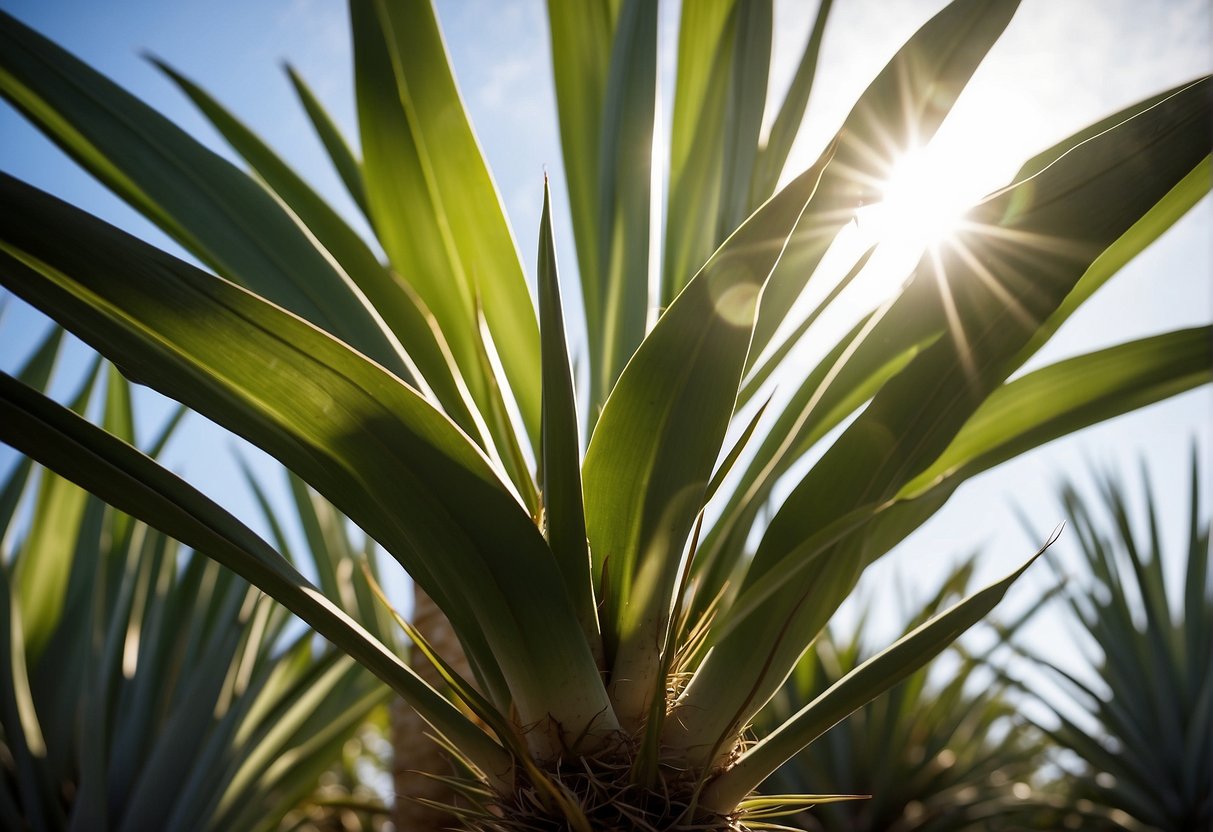 A yucca plant stands tall, its sharp, sword-like leaves reaching towards the sky. The sunlight glints off the pointed edges, creating a striking and formidable appearance
